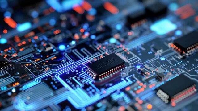 Exploring advanced technology concepts with a focus on a detailed electronic circuit board featuring intricate designs and glowing connections
