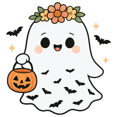 Halloween Ghost Vector Illustration in Doodle Style with Retro Groovy Vibe Set.haloween funny spooky ghost,cute ghost, spooky, spooky outline