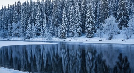 Snowy forest reflecting in a frozen lake