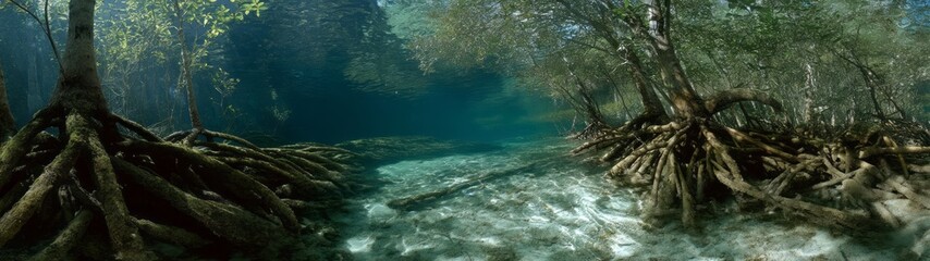 Obraz premium Exported mangrove roots in clear water hdri panoramic view nature landscape serene environment