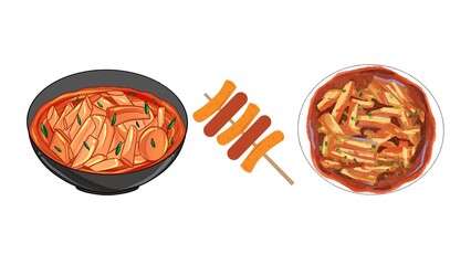 Enjoy vibrant Korean street food with Tteokbokki and sausage skewers, a savory culinary experience