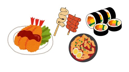 Enjoy a delicious Korean food feast featuring gimbap, tteokbokki, tempura, and odeng skewers