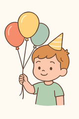 vector boy holding balloons, cartoon birthday theme