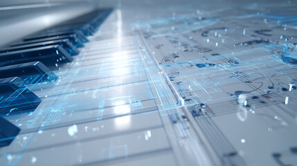 Abstract digital circuitry with glowing blue lines and data streams on a futuristic surface