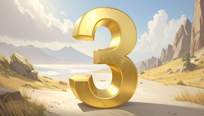 Bold golden numeral "3" stands in a wide, sandy landscape under a bright sky