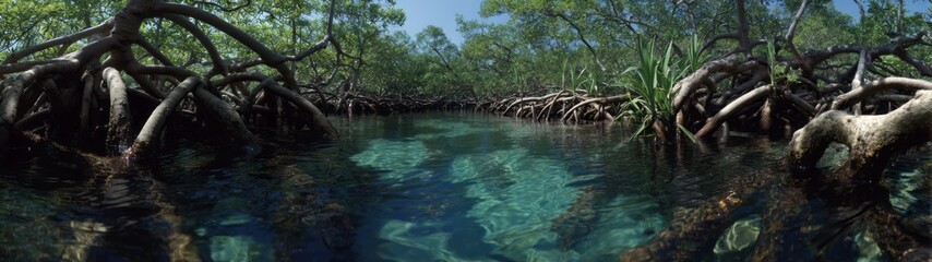 Exported mangrove roots in clear water hdri panoramic view tropical nature environment
