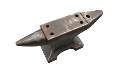 Vintage metal anvil with four bolt holes on black background