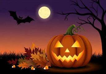 Jack-O'-Lantern with Spooky Tree under a Full Moon