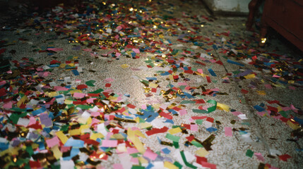 Retro style flash photography of confetti and ribbons covering the floor after a birthday or holiday party