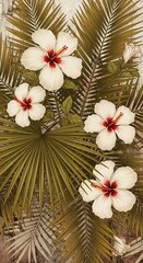 White Hibiscus Flowers and Palm Leaves Tropical Background for Summer Design