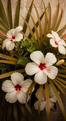 White Hibiscus Flowers with Tropical Leaves Close Up Macro Photography Exotic Beauty