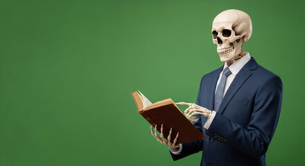 halloween: Skeleton in Business Suit Reading Book on Green Background, Conceptual, Education, Death, Mortality, Finance, Copy S...