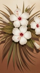 White Hibiscus Flowers with Tropical Leaves on a Gradient Background Stock Illustration