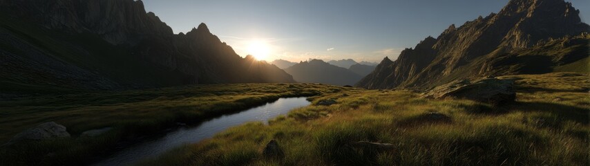 Obraz premium Breathtaking hdr panorama of sunrise over mountain valley tranquil nature landscape serene environment