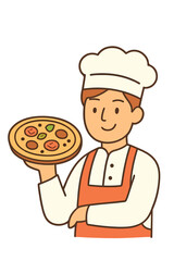 Cartoon chef character holding pizza