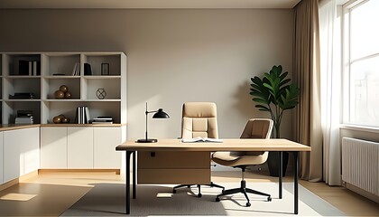 Bright minimalist office with tan executive chair, simple wooden desk, and large windows. A perfect professional space for peaceful work and natural daylight productivity.