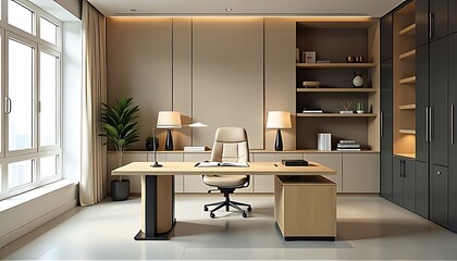 Modern executive room with wood and dark accents, floor-to-ceiling windows, and soft ambient lighting. Perfect for business leaders or creative directors seeking elegance.