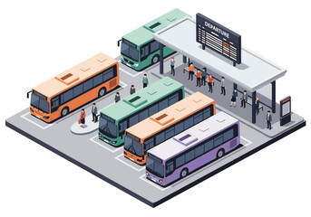 Squared 3D isometric view of a modern bus station with multiple buses, passengers, waiting areas, and departure boards, symbolizing public transport, travel, commuting, and urban connectivity © meeblues