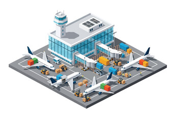 Squared 3D isometric view of an air cargo terminal with airplanes, containers, forklifts, and workers, representing global logistics, freight handling, air transport, supply chain