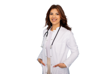 Young female doctor smiling with stethoscope around neck and hands in pockets, isolated on transparent background, representing healthcare and medical profession