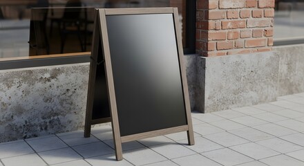 Blank A-frame chalkboard sign standing on a city sidewalk in front of a brick building, perfect for a mockup.
