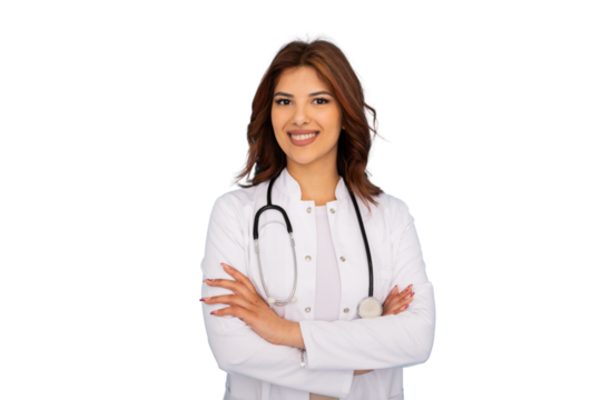 Portrait of a smiling female doctor with stethoscope and crossed arms, exuding confidence and professionalism on a transparent background
