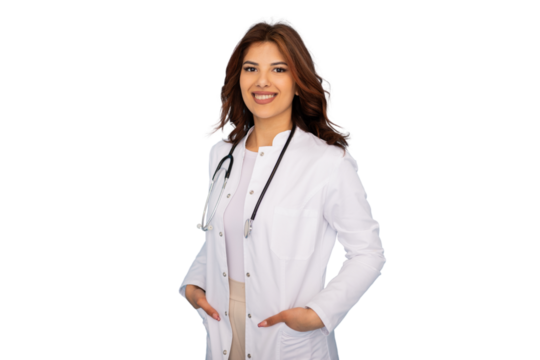 Young female doctor smiling with stethoscope around neck and hands in pockets, isolated on transparent background, representing healthcare and medical profession