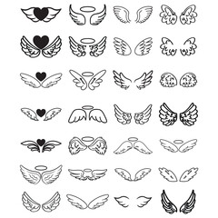 Set of black wings icons on a transparent background. Angel wings icon vector set. Eagle, bird, heraldic, flying, falcon, phoenix, hawk logo. Wings badges. Collection wings badges.
