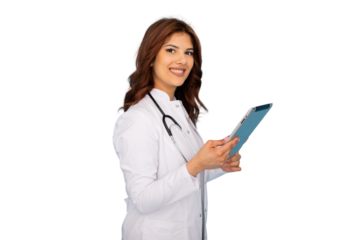 Female doctor wearing lab coat and stethoscope using digital tablet, isolated on transparent background