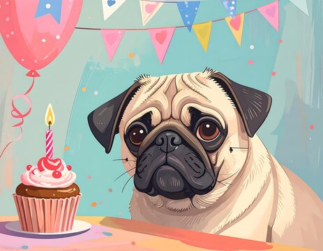 Birthday Pug with cupcake