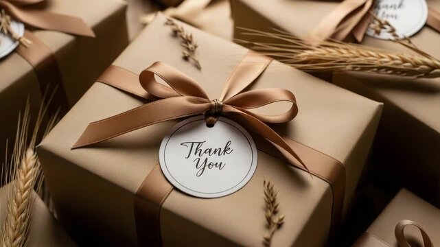 Closeup of beautifully wrapped gifts with a thank you tag, adorned with wheat stalks and a satin ribbon, creating a warm and appreciative atmosphere