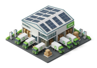 Squared 3D isometric view of a green logistics warehouse with solar panels, electric trucks, and charging stations, symbolizing sustainable transport, eco-friendly supply chain, and renewable energy