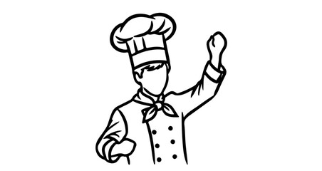 Illustration of a chef with toque and uniform, , in black and white outline