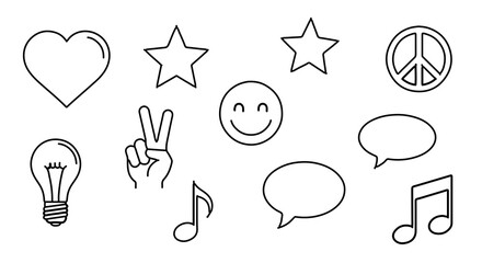 Collection of various symbols including heart, star, peace sign, simple line art style