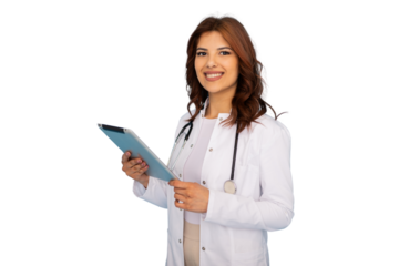 Female doctor wearing lab coat and stethoscope, holding digital tablet and smiling, on transparent background