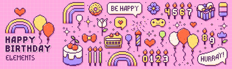Pixel Y2K Happy birthday elements. Cute color icons on pink checkered background.