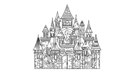 Intricate line art illustration of a fantasy castle, perfect for coloring books