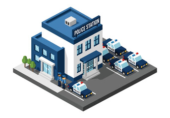 Squared 3D isometric view of a police station with officers and patrol cars outside, symbolizing law enforcement, public safety, security services, and community protection © meeblues