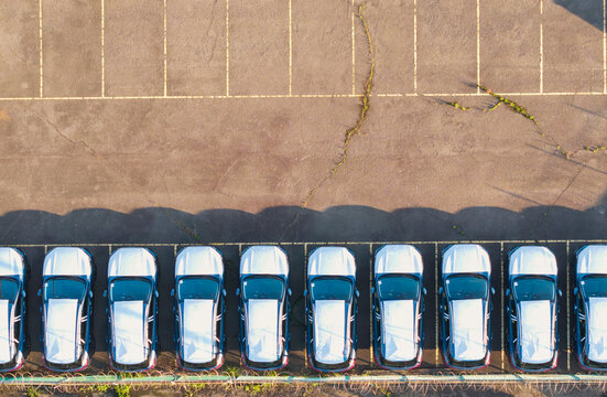 New Cars Parked at Automotive Factory Lot Aerial View