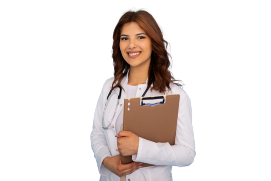 Confident young female doctor smiling and holding a clipboard, isolated on transparent background, ideal for healthcare and medical themes - Powered by Adobe