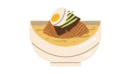Delicious ramen bowl illustration with egg, meat and cucumber for food blog or restaurant menu design