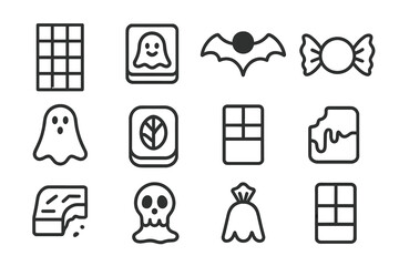 Halloween Chocolate Icons. Line style icons of chocolate Halloween treats: chocolate bar, spooky chocolate, bat truffle, wrapped