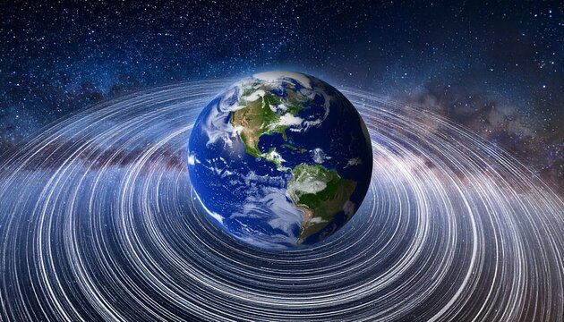 Conceptual image of Planet Earth's gravitational pull creating waves in the fabric of space-time against a backdrop of the cosmos