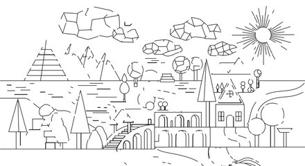 Whimsical landscape drawing, featuring nature, architecture, and fantasy elements