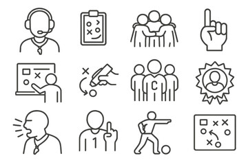 Team Coaching Icons. Line style icons of team leadership and coaching: headset coach, clipboard, team huddle, signal hand;