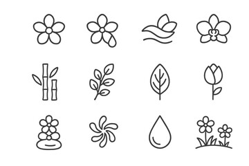 Spa Iconography. Line style icons of spa flowers and natural elements: single blossom, flower with droplet, floating petal, orchid