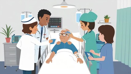 Diverse medical team cares for elderly patient in hospital room with vital signs monitor and I V - Powered by Adobe