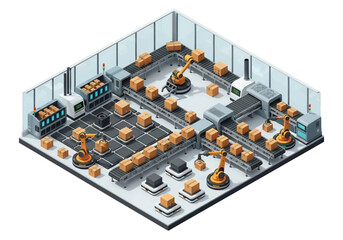 Squared 3D isometric view of a futuristic automated warehouse with conveyor belts, robotic arms, and AI-powered machines managing packages, symbolizing logistics, smart industry, and advanced supply