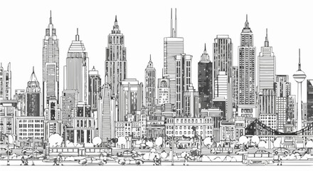 Detailed line art illustration of a cityscape skyline with skyscrapers