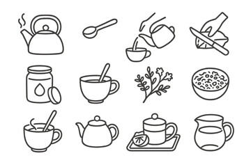 Tea Preparation Icons. Line style icons of homemade tea prep: boiling kettle, measuring spoon, pouring tea, slicing lemon; honey